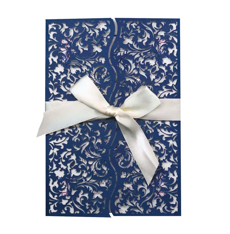 Inviti di nozze tagliati al Laser vuoti blu Royal biglietto d'invito di fidanzamento con Design in pizzo elegante con busta a nastro decorazioni per matrimoni