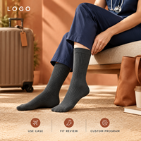 Chaussettes de compression de voyage en charbon de bois à texture côtelée fine, avec soutien du mollet, ajustement gradué, tableau de mesure, manchette plus large, bout plat, vérifiées