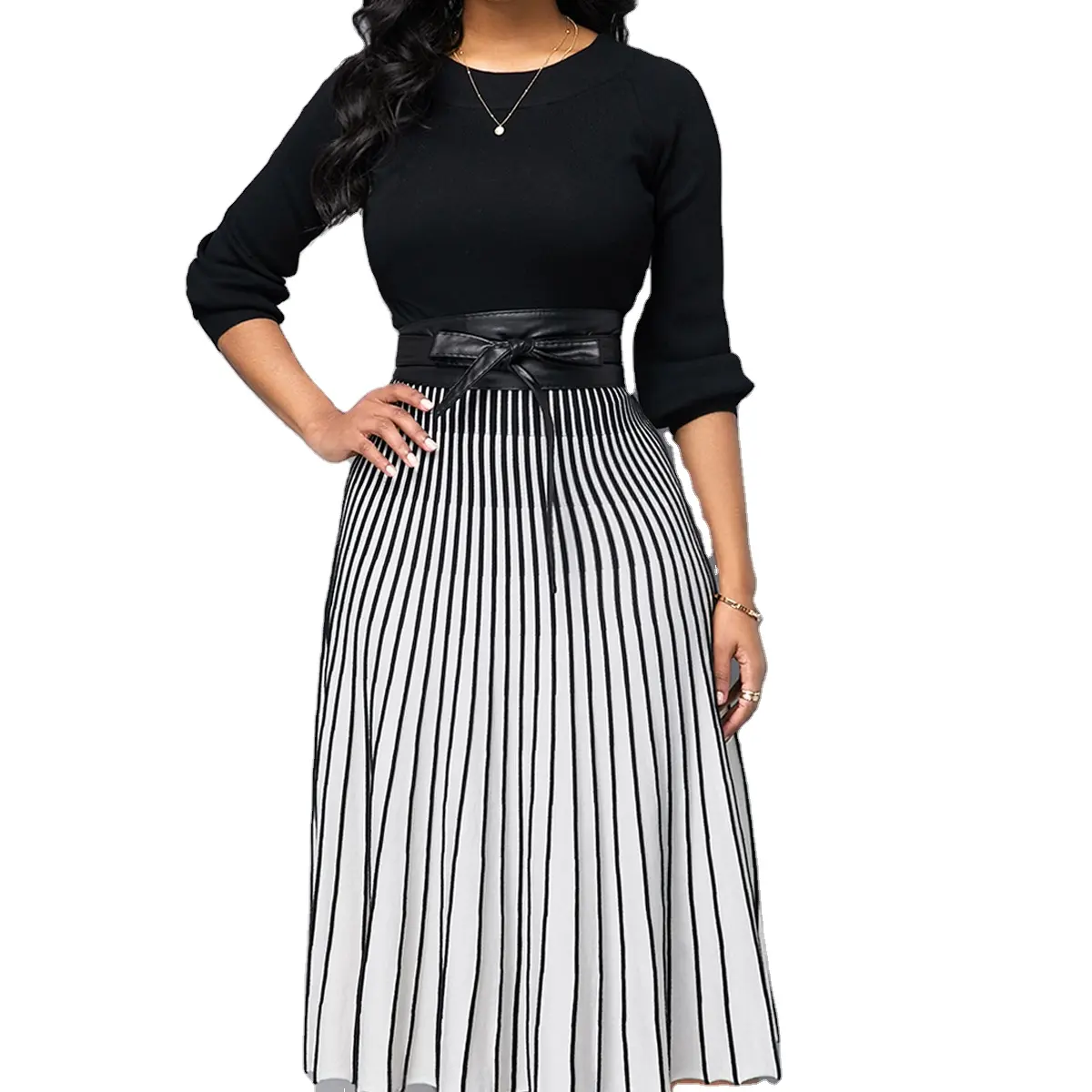 5 XL Plus Size Striped Patchwork Belted Waist Lady Elegant Formal Office Dress Women's Midi A Line Dresses