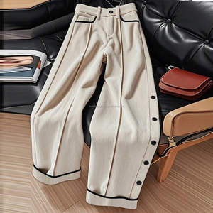 Custom Women's Contrast Piping Corduroy <strong>Trousers</strong> with Side Buttons Soft Bottoms Pants <strong>Ladies</strong> - Product Image 4