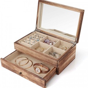 Solid Wood Jewelry <b>Box</b> Double Layer With <b>Mirror</b> And Drawer Rustic Style Rectangle 25x15x11cm For Women's Jewelry Storage - Product Image 2