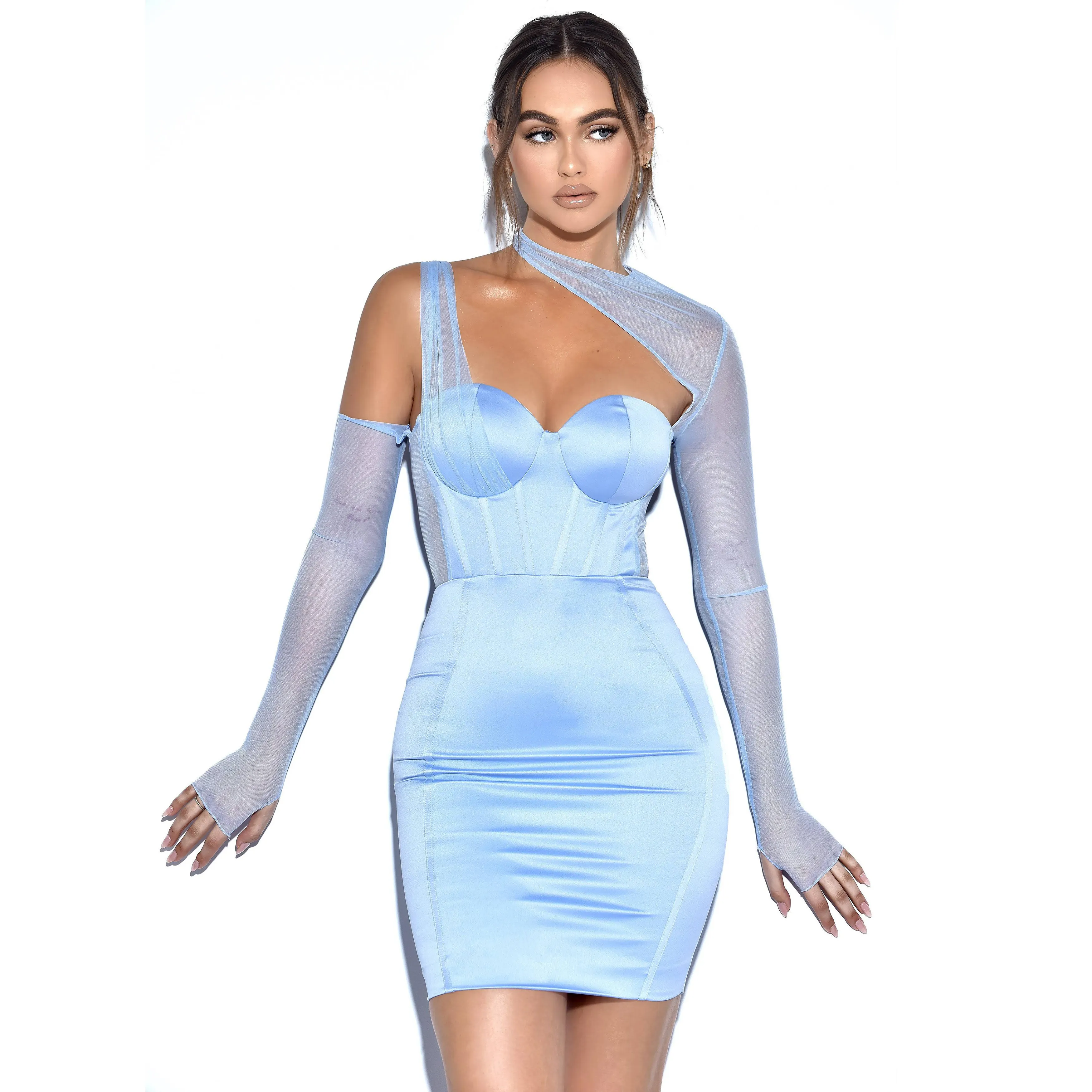 Langarm Bodycon Satin Korsett Kleid elegante Empire Taille Reiß verschlüsse Plissee Kleider für Frauen