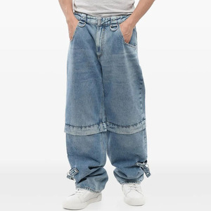 Pantalones vaqueros lavados <span class=keywords><strong>con</strong></span> luz azul OEM para hombre <span class=keywords><strong>con</strong></span> <span class=keywords><strong>tirantes</strong></span> desmontables, pantalones vaqueros <span class=keywords><strong>con</strong></span> cremallera vintage, pantalones 2 en 1 - Product Image 5