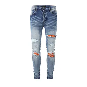 Top Quality Men Fashion Black Pants washed Ripped patchwork Custom printed Stretch amiry Denim jeans