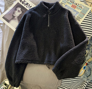 Pull court en maille pour <span class=keywords><strong>femme</strong></span>, style coréen décontracté, en polaire sherpa, avec demi-fermeture éclair et <span class=keywords><strong>capuche</strong></span>, <span class=keywords><strong>chaud</strong></span>, pour l'automne et l'hiver - Product Image 6