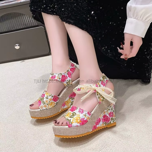 Hot Sale Trendy New Bohemian Fashion Wedge Lace Print Fish Mouth Sandals for Women - Product Image 2