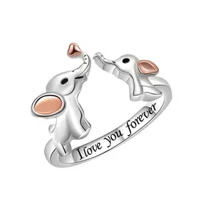 Women Valentine Mother's Day Cute Ethnic Elephant Animal Cuff Cocktail Ring Model Rose Color Silver Plated Finger Rings