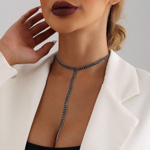 European and American <b>Cross</b>-Border Jewelry T-Shaped Sexy Black Full Double Layer Long for Women Clavicle Claw Dia Chain Necklace - Product Image 3