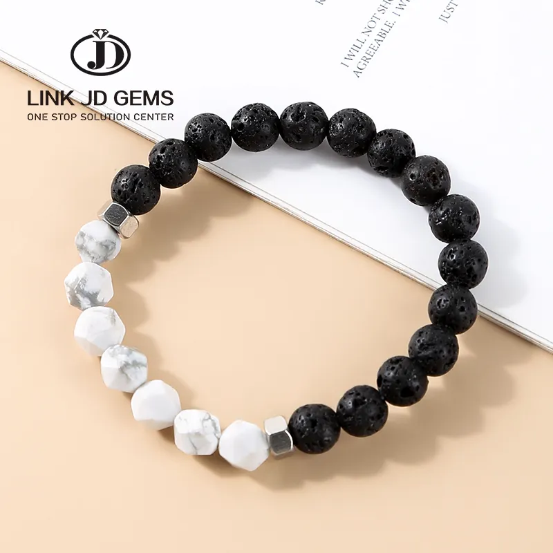 Fabricant en gros pierre de lave en forme de diamant, pierre précieuse, améthyste blanche, Turquoise, Bracelet perlé en corde élastique 8mm