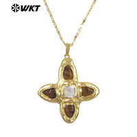 WT-JN363 Offre Spéciale délicat plaqué or oeil de tigre pierres précieuses naturelles et perle croix pendentifs collier pour dames match quotidien
