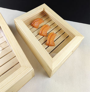 木制のインクリイン寿司ネタケースアクリルカバー付きウッドプリント寿司箱刺身プレートサービングトレイ木制寿司ネタボックス - Product Image 5