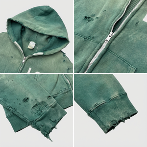 OEM Custom Streetwear 500gsm Vintage Cotton Zip up Oversized Waffle Knit Sun Faded Acid Washed Distressed <strong>Hoodie</strong> Men Supplier - Product Image 6