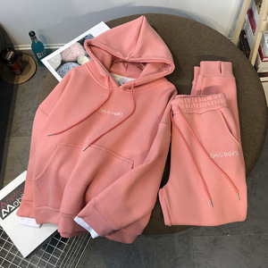 Ready Stock Women Winter Anti-Wrinkle Embroidery Fleece Windproof Hooded Hoodie Jogger Pants 2-Piece Long <b>Polyester</b> <b>Tracksuit</b> - Product Image 3