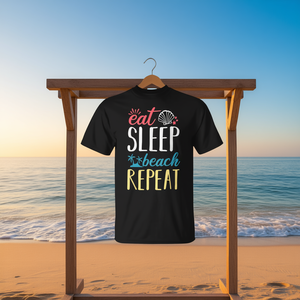 T-shirt Eat Sleep Beach Repeat, design avec citation de vacances d'été, taille adulte unisexe - Product Image 3