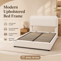 Modernes Luxus-Stoffbett mit Cremefarbenem Gepolstertem Kopfteil für Apartment-Schlafzimmer