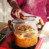 Marmite à soupe en verre borosilicate transparent à double poignée en bois épaissi, style américain, compatible tous feux