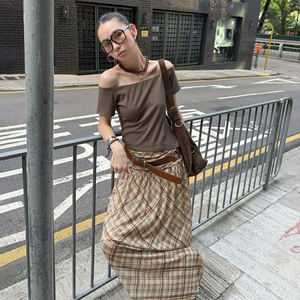 กระโปรงแม็กซี่ลายสก็อตสไตล์เรโทรสำหรับผู้หญิง เอวต่ำ แต่งสีตัดกัน ผ้าซีทรู หลายชั้น พลิ้วไหว ยาว เหมาะสำหรับแฟชั่นฤดูร้อน - Product Image 4