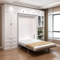 Tempat Tidur Lipat Vertikal Murphy Bed Queen dengan Lemari dan Rak Buku, Furnitur Kamar Tidur Hemat Ruang