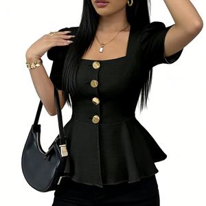 Women's Square Neck Puff Sleeve Peplum <b>Top</b> - Gold Button Fitted Shirt Fashion - Product Image 5