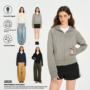 เสื้อคลุมมีฮู้ดสไตล์ลำลองสำหรับผู้หญิง แบรนด์แฟชั่น น้ำหนัก 420 กรัม สีเทาล้วน แจ็คเก็ตสั้นสำหรับฤดูใบไม้ผลิและฤดูใบไม้ร่วง ทรงเข้ารูป - Product Image 2