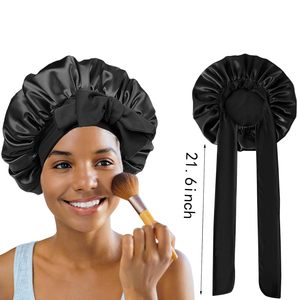 Bonnet en satin, bonnet en soie pour dormir, bonnet ajustable pour femmes aux cheveux bouclés avec bande à nouer - Product Image 4