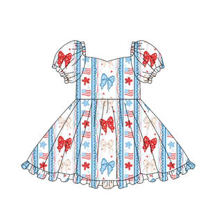 Vestido de verano para niña GSD3789 personalizado, con estampado de lazos coloridos, a rayas, de manga corta y largo hasta la rodilla, al por mayor - Product Image 2