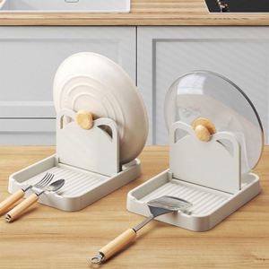 <b>Kitchen</b> Household Multifunctional Vertical Wall-Mounted Soup Spoon <b>Storage</b> <b>Rack</b> Double Pot Cover Shelf Plastic - Product Image 1