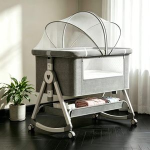 Portable Folding Baby Crib With Bottom Storage Basket, Easy Move Wheeled Design Practical Home Nursery Sleeping <strong>Cot</strong> - Product Image 1
