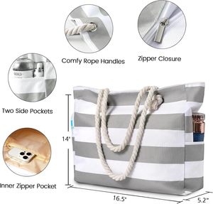 Custom Logo Waterproof Zipper Pocket Canvas Striped Large Capacity <strong>Summer</strong> Beach Handbag Tote <strong>Bag</strong> with Rope Handle for Women - Product Image 4