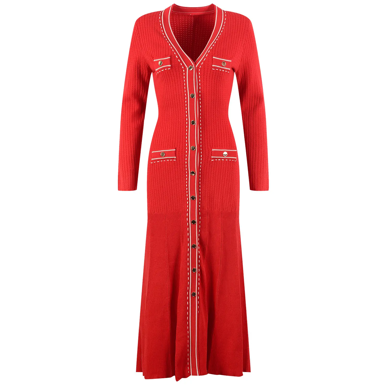 Vestido longo vermelho malha sereia Single Breasted nervuras pregas vestido formal