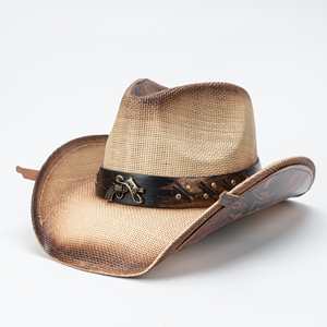 Sombrero de vaquero de paja de ala ancha con efecto desgastado y ombré, con remaches y banda de cuero cosida, ideal para viajes, pesca y actividades al aire libre. - Product Image 2