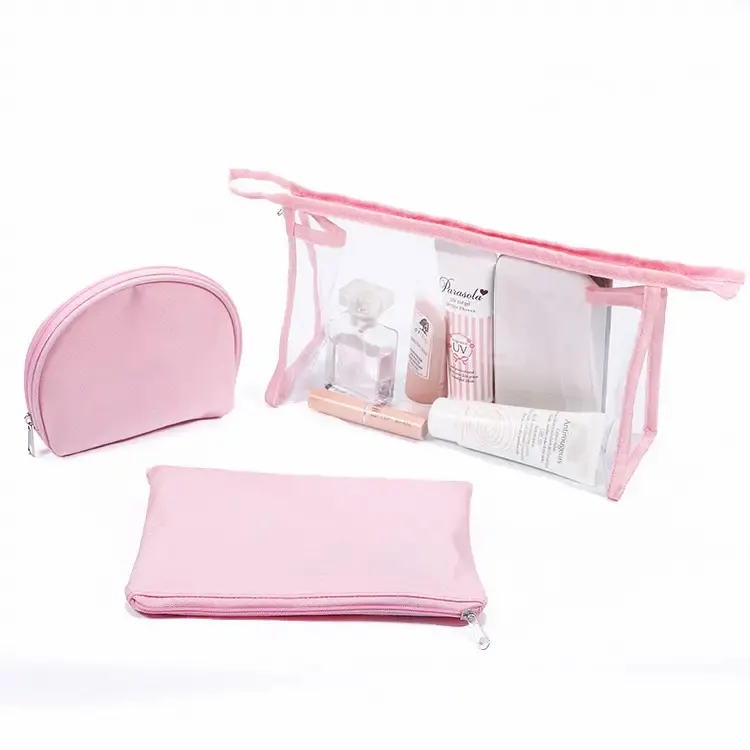 3 Stuks Roze Transparante Make Up Reis Beauty Tas Grote Make-Up Borstelzak Custom Pvc Cosmetische Tas Promotie