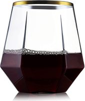 Verres à Vin sans Pied en Plastique Forme Diamant avec Bordure Or Rose 12 oz, Gobelets Jetables pour Champagne, Vin, Whisky Incassables et Recyclés
