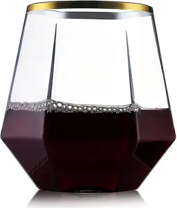 Bicchieri da vino senza stelo in plastica a forma di diamante con bordo in oro rosa da 12 once bicchieri da whisky monouso per vino Champagne riciclato infrangibile