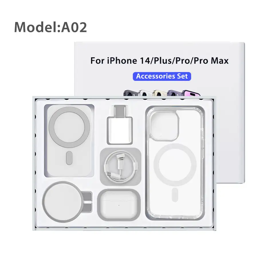 2023 luxury accessories set for iphone 14 magsafe battery power adapter usb-c cable case pack 5 in 1 mobile phone accessory set