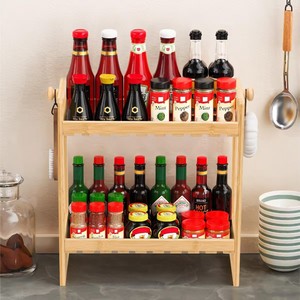 Wooden Two Tier Spice <b>Rack</b> Natural Wood Color Multi Function <b>Kitchen</b> Storage For Food Countertop Organizer - Product Image 1
