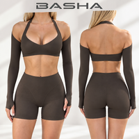 Nouvel ensemble de sport 3 pièces pour femme : haut à manches longues coupe ajustée, séchage rapide, ensemble de yoga sexy, soutien-gorge court à encolure licou et short