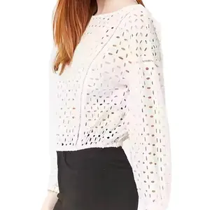 KY halb transparente gewebte lange Bauern ärmel U-Ausschnitt hinten elastische Ärmel Manschetten Saum weißes Hemd Ladder Trim Eyelet Top Bluse