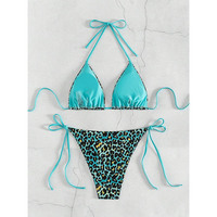 Maillot de bain bikini sexy 2 pièces pour femme, imprimé léopard, col halter, à lacets, style triangle, mode plage été