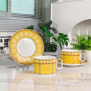 Juego de Taza y Platillo de Porcelana Fina Premium, Vajilla Geométrica Amarilla para Té y Regalos - Product Image 5