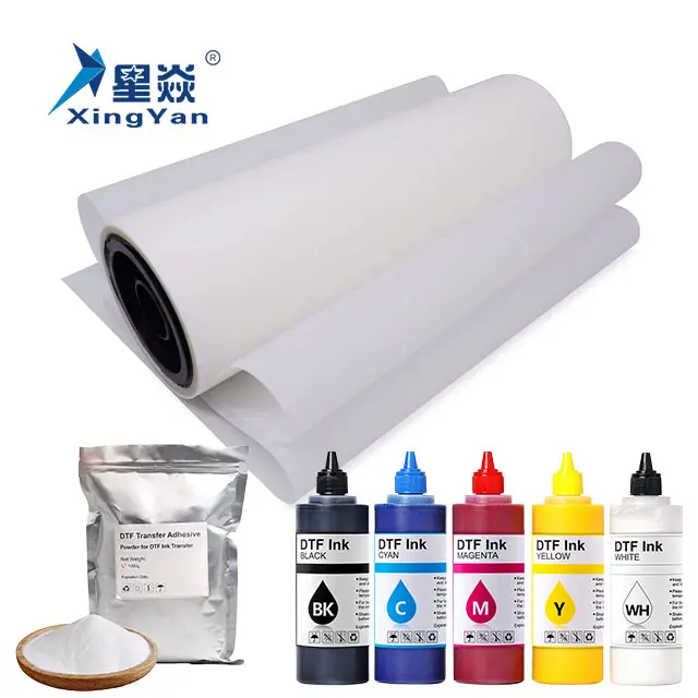 Xingyan 60 cm * 100 mロールPETフィルム1000mlインク500gホットメルト接着剤粉末材料セットDTFプリンター熱転写印刷用