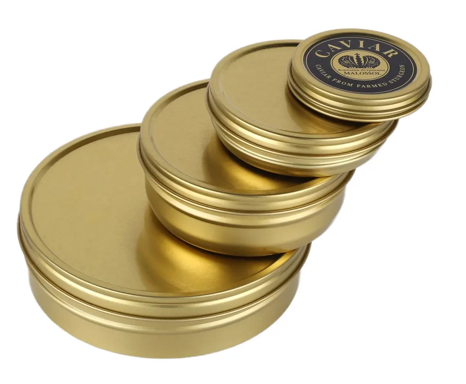 Tin Tinplate bungkus vakum kotak kaviar timah dengan desain kustom bulat mulus penyegelan anti-korosi kemasan kaviar mewah