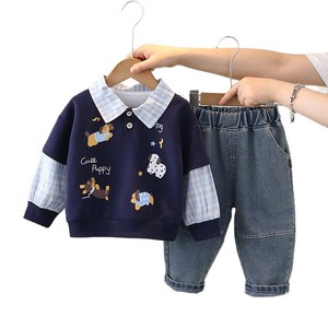 2025 garçons mignon <span class=keywords><strong>double</strong></span> manches chiot <span class=keywords><strong>sweat</strong></span> et vêtements de printemps deux pièces à la mode pour bébés nouvel ensemble décontracté pour les enfants en automne - Product Image 5