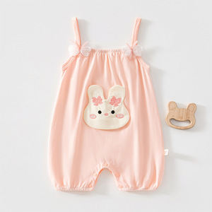 Romper Rosa de Algodón Ligero para Bebés Niñas con Tirantes de Lazo, Estilo Conejita, para Verano - Product Image 1