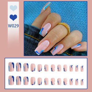 24 Uñas Postizas Cuadradas Medianas con Diseño de Ondas Azules, Uñas Artificiales Reutilizables en <span class=keywords><strong>Rosa</strong></span> Nude con Pestañas Adhesivas - Product Image 6