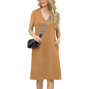 2025 Hot Bán Đa-Màu V Cổ Đơn Giản Dài Dresses Mùa Hè Giản Dị Không Tay Bên Túi Chia Dệt Kim Sundress Cho Phụ Nữ - Product Image 3