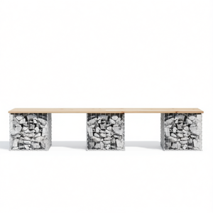 Banc de jardin en bois naturel et métal avec base remplie de pierres pour usage extérieur sur terrasse - Product Image 1