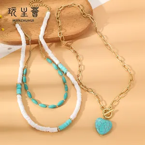 Wholesale Beautiful Necklaces Shell Charm Bohemian Summer Beach Handmade Dainty Minimalist Tiny Choker Turquoise Color Rice Bea