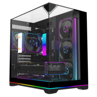Productie van een pc-gaming anime computerkast met vooraan geplaatste glazen RGB-strip, temperatuurweergave en stofdichte buitenbehuizing.