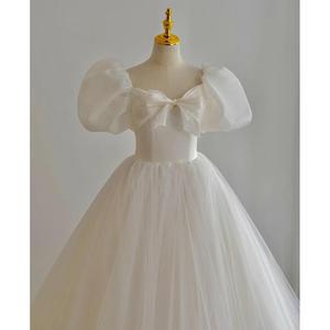 Elegant White Wedding Dress Ball Gown Sweetheart Neckline Puff <b>Sleeve</b> Natural Waistline For Travel Photography Portrait <b>Bridal</b> - Product Image 2